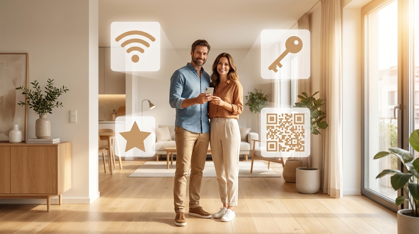 Voyageurs consultant leur guide d'arrivée ForMyGuests dans un bel appartement